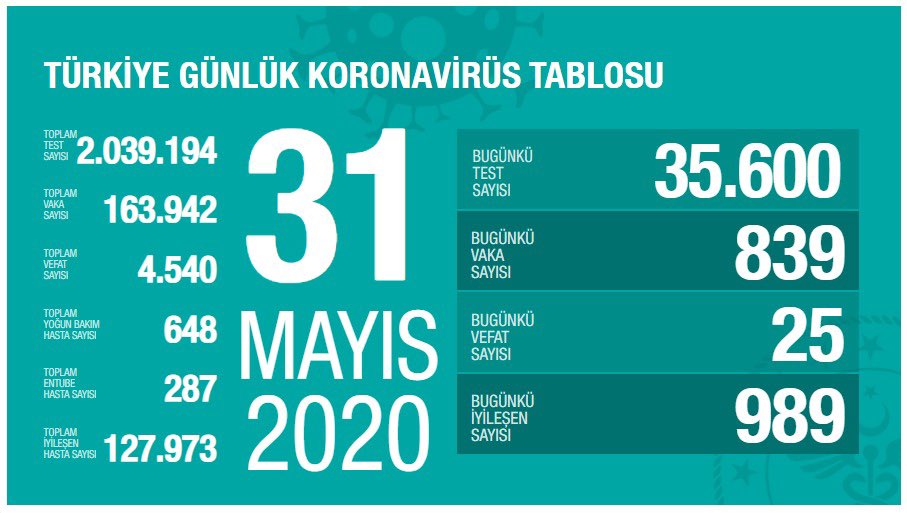 31 Mayıs 2020 Pazar Türkiye Günlük Koronavirüs Tablosu