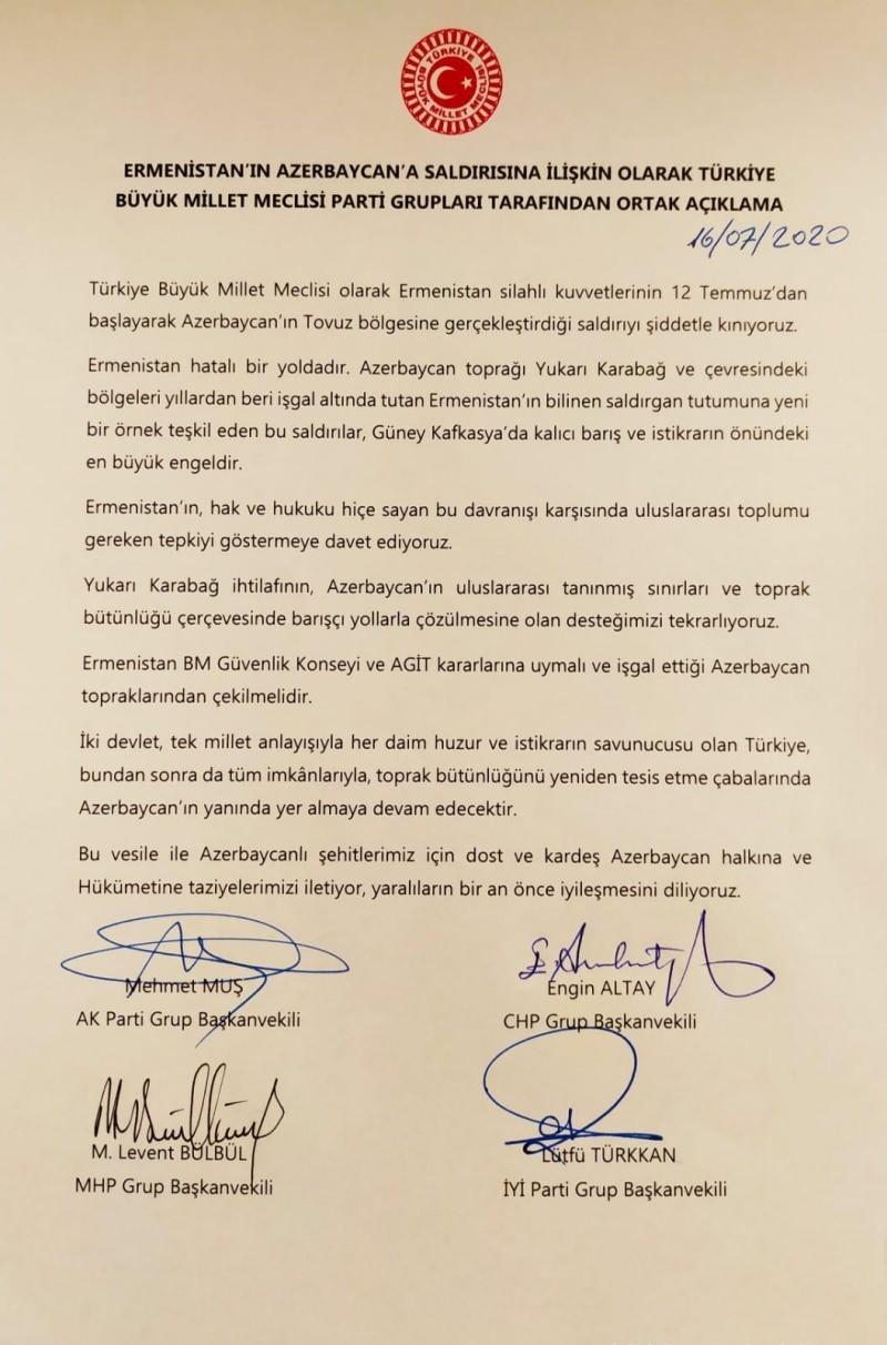 Ermenistan’a saldırılarından dolayı TBMM’de partiler ortak kınama yayınladı! Bir parti hariç…
